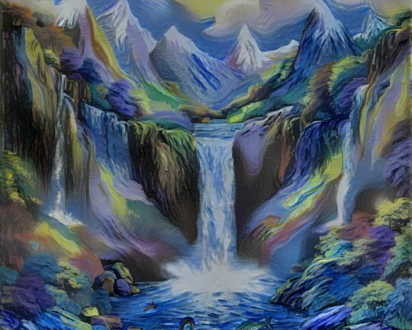 Vibrant Landscape with Waterfall and Mountains