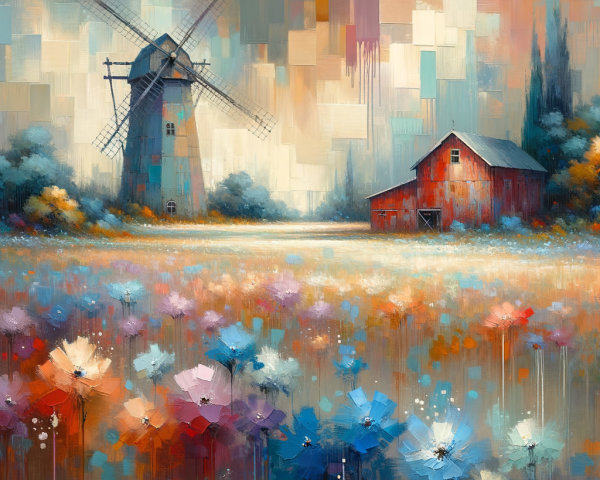 Vibrant Landscape with Windmill and Red Barn