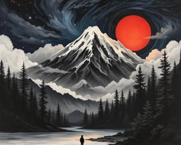 Lone Figure by River with Snow-Capped Mountain Scene