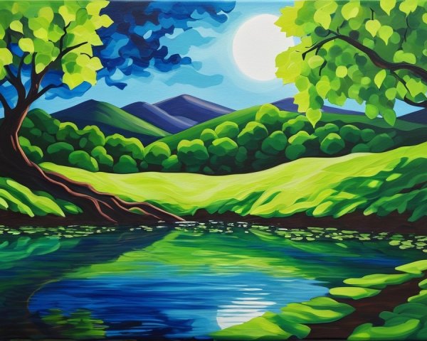 Vibrant Landscape with River and Lush Greenery