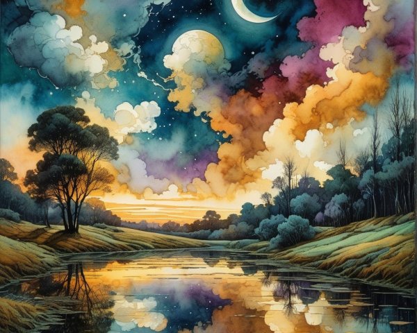 Tranquil Dusk Landscape with River and Celestial Bodies