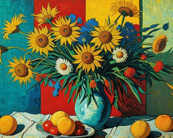 Vibrant Still Life with Sunflowers and Fruits