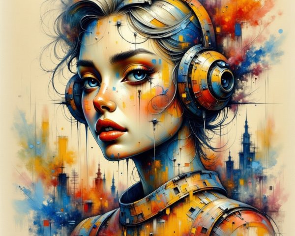 Vibrant Portrait of a Young Woman in Abstract Cityscape