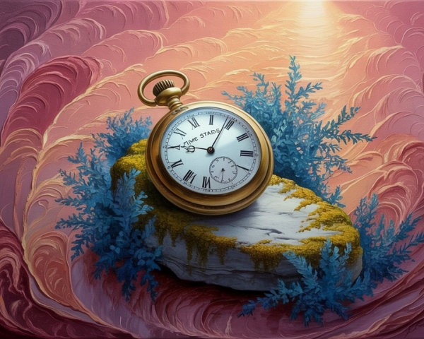 Golden Pocket Watch on Mossy Rock with Coral Background