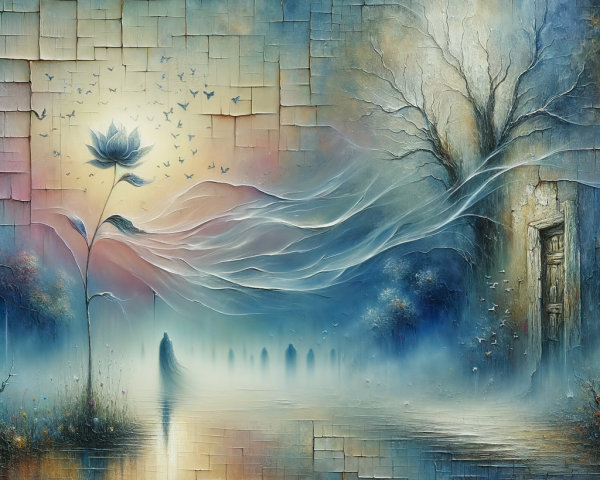 Surreal Landscape with Ethereal Lotus Flower and Mist