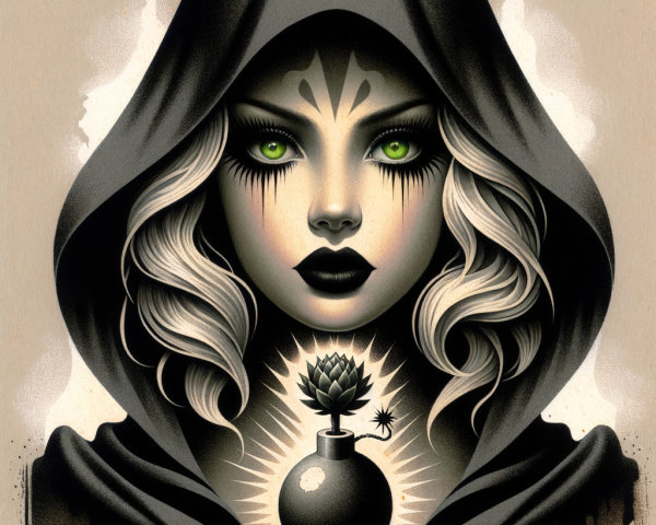 Mysterious Woman in Cloak with Green Eyes and Lotus