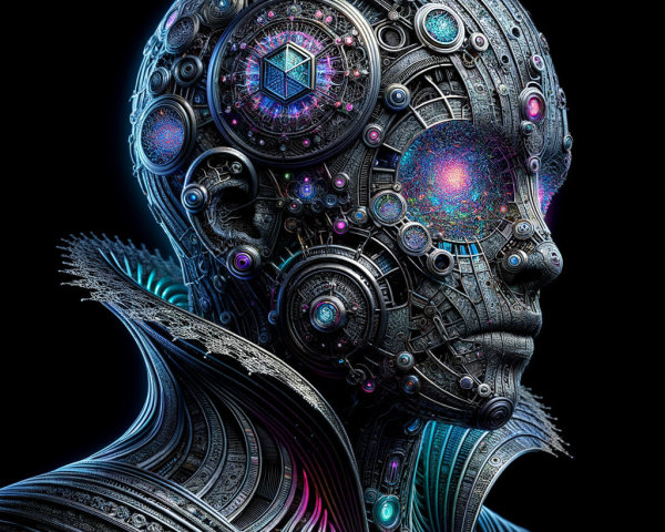 Futuristic humanoid head with metallic components and circuitry