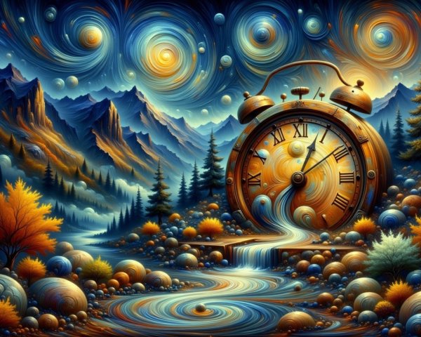 Ornate clock beside serene river in vibrant landscape