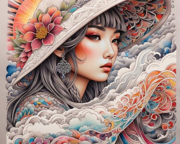 Illustration of a Young Woman in a Floral Hat