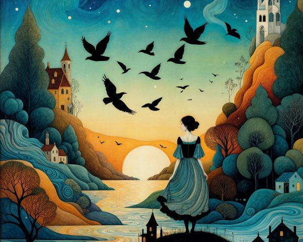 Twilight Landscape with Woman and Vibrant Sunset