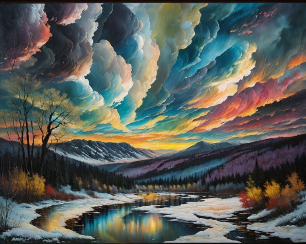Tranquil River Landscape with Sunset and Mountains