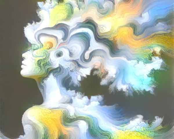 Abstract Female Profile with Swirling Clouds and Colors