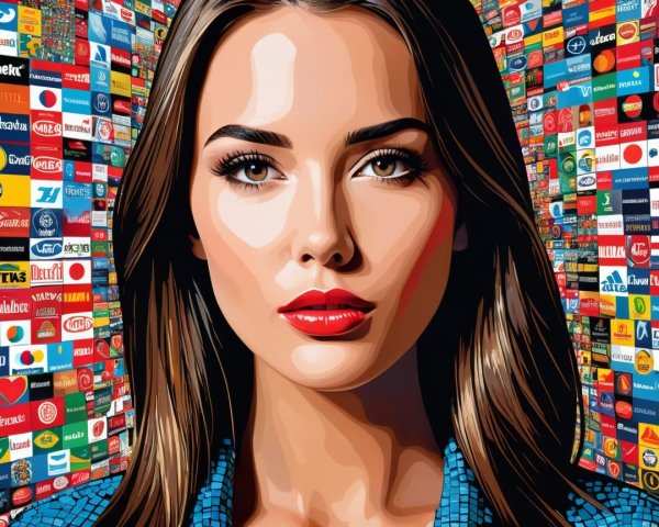 Portrait of a Woman with Bold Features and Logos