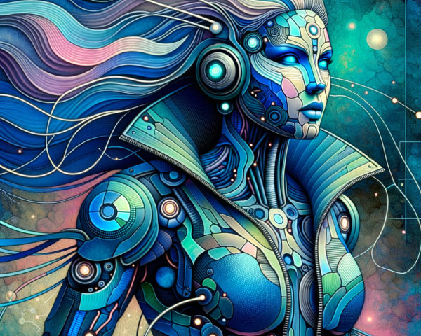 Futuristic female figure with robotic features and colors