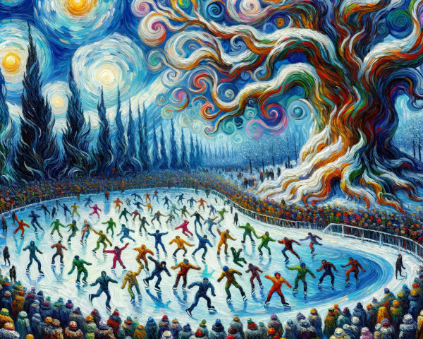 Vibrant Winter Ice Skating Rink with Colorful Trees