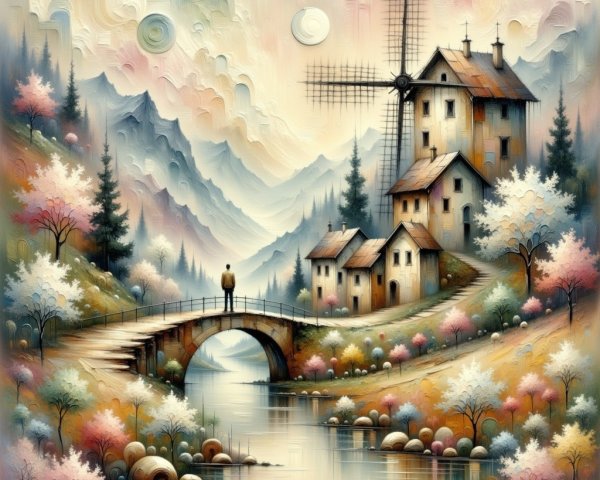 Quaint Village Landscape with Rolling Hills and River