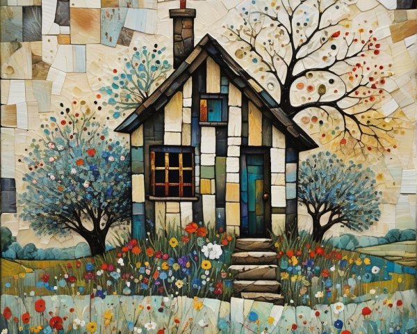 Artistic House Surrounded by Blossoming Trees and Flowers