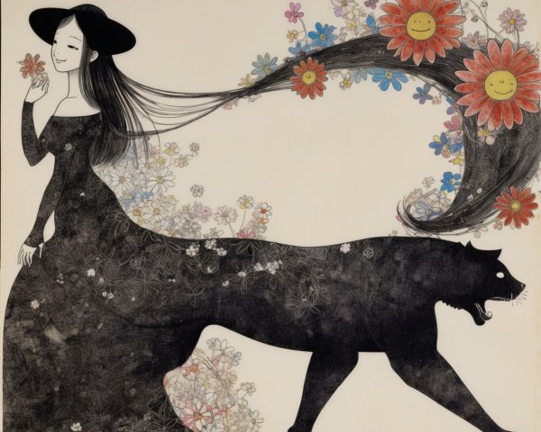 Whimsical Illustration of Woman with Floral Elements