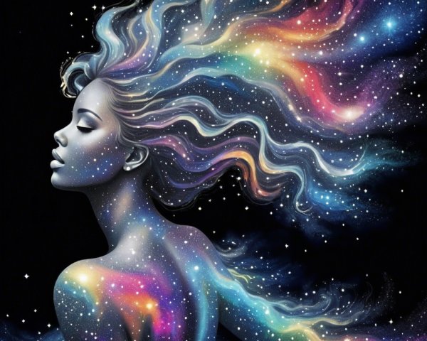 Profile of a Woman with Cosmic Hair and Black Background