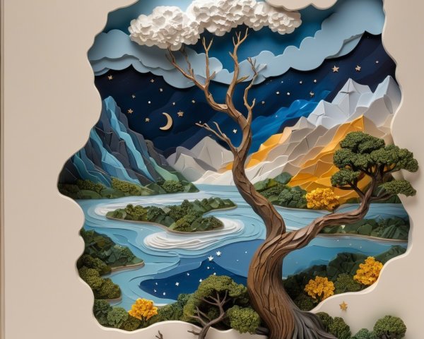 Paper-Art Landscape with River, Mountains, and Tree