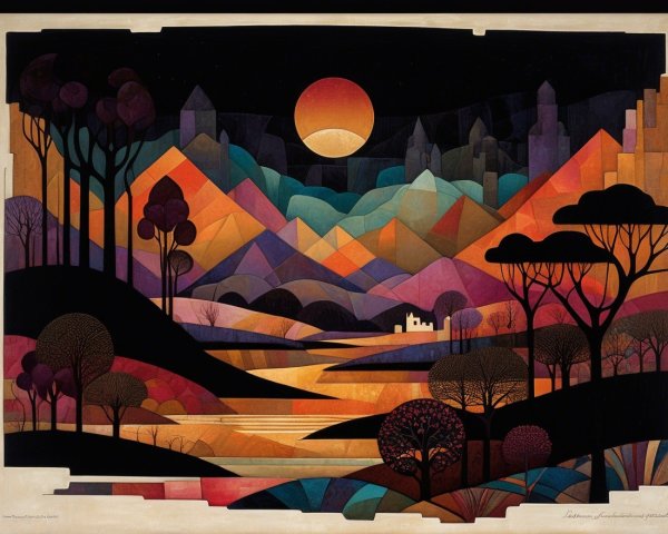 Vibrant Abstract Landscape with Geometric Mountains