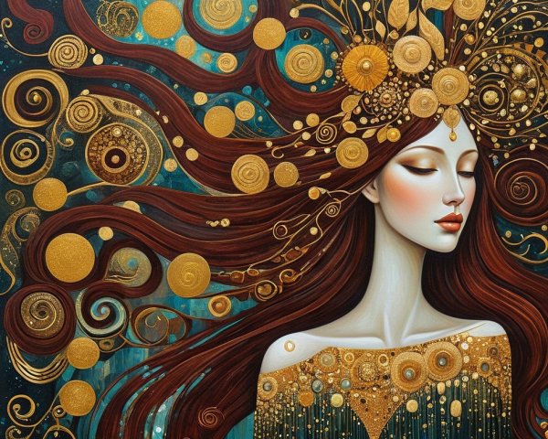 Serene Woman with Red Hair and Gold Patterns