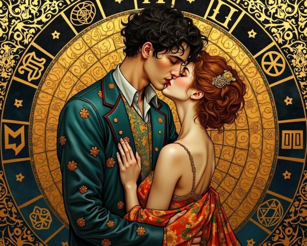 Couple Kissing Amid Zodiac and Celestial Motifs
