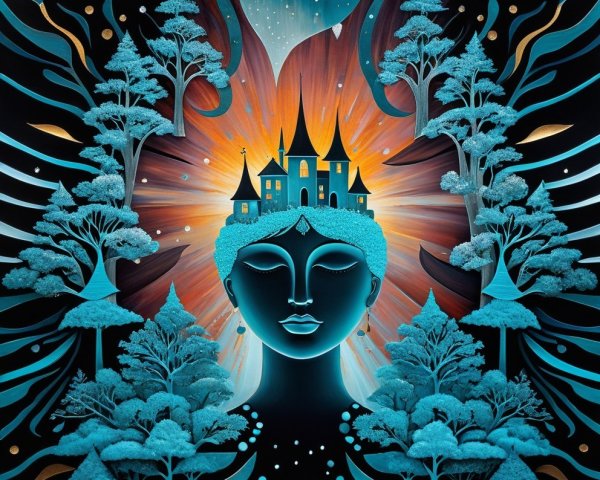 Ethereal figure with castle and vibrant colors