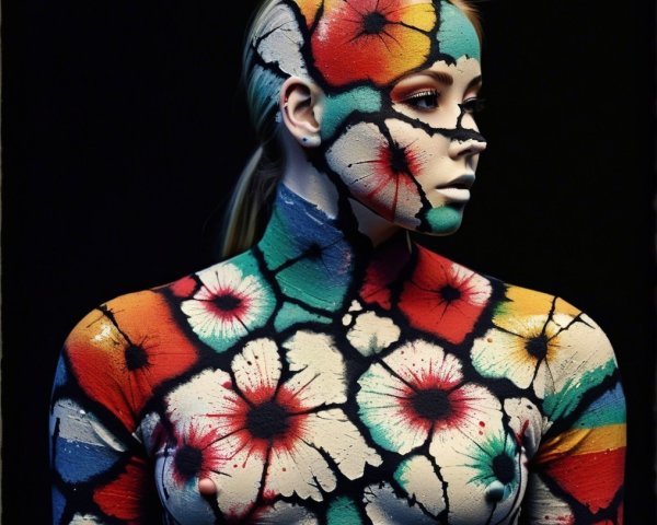 Vibrant Floral Body Painting with Cracked Paint Effect