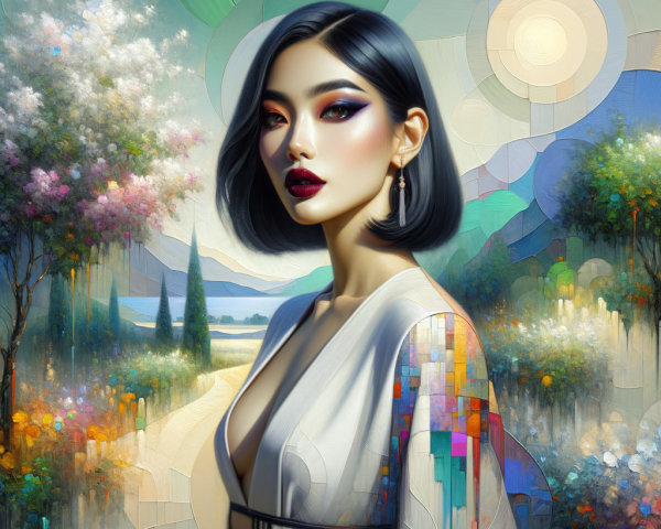 Stylized portrait of a woman in vibrant landscape setting