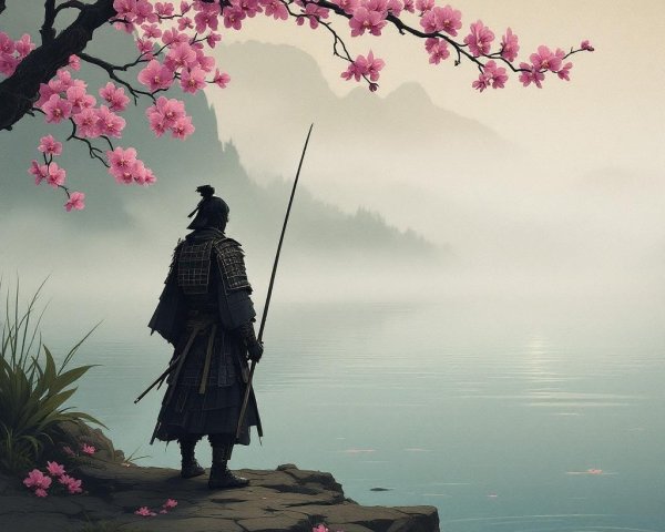 Samurai on Shoreline with Misty Lake and Cherry Blossoms