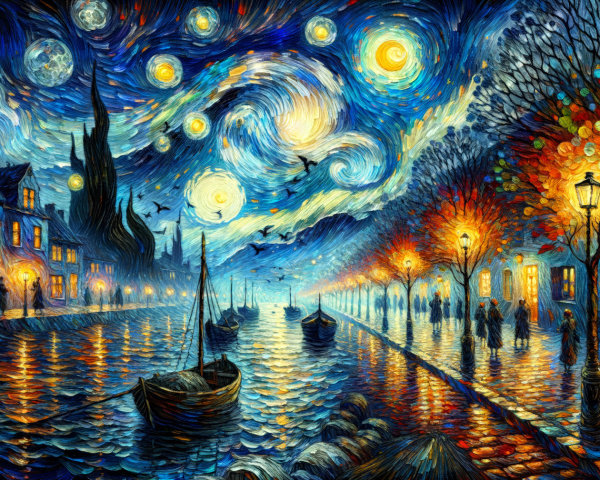 Nighttime Canal Scene with Stars and Luminous Moon