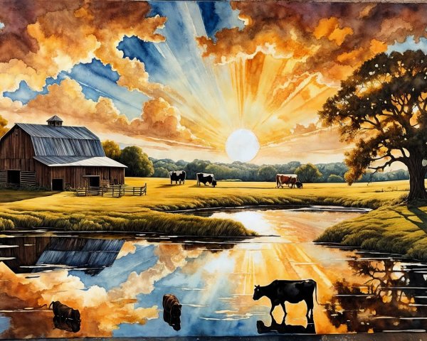 Countryside Scene with Barn, Cows, and Sunset Sky