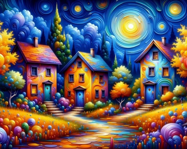 Surreal Landscape with Colorful Houses and Vibrant Sky