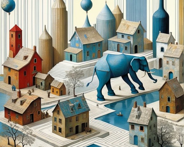 Surreal Landscape with Colorful Houses and Elephant