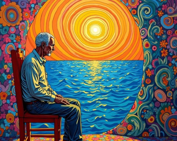 Elderly Man Reflecting by Colorful Ocean Mural