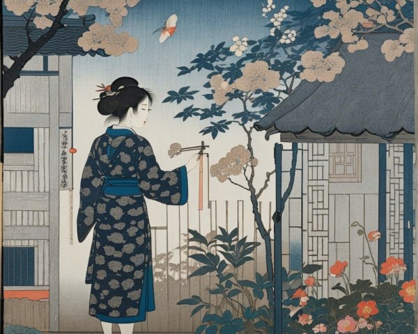 Woman in Kimono in Serene Garden with Flowers