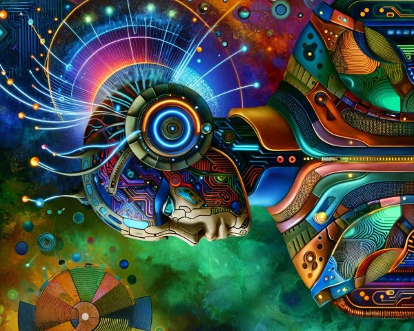 Surreal Illustration of Mechanical Lion with Cosmic Elements