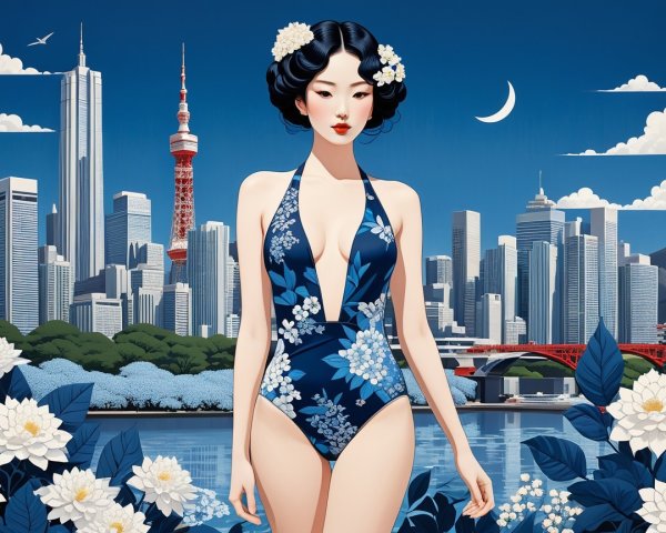 Stylish Woman in Floral Swimsuit with City Skyline