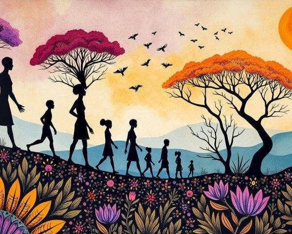 Colorful Landscape with Silhouetted Figures and Trees