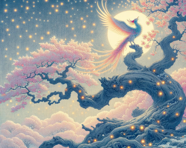 Vibrant phoenix above ancient tree with cherry blossoms
