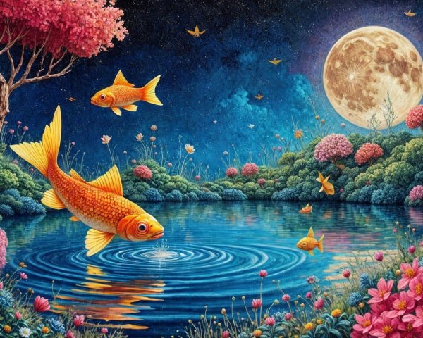 Tranquil Night Scene with Pond and Colorful Flora
