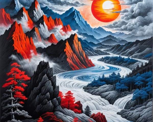 Dramatic Landscape with Mountains and Reflective River