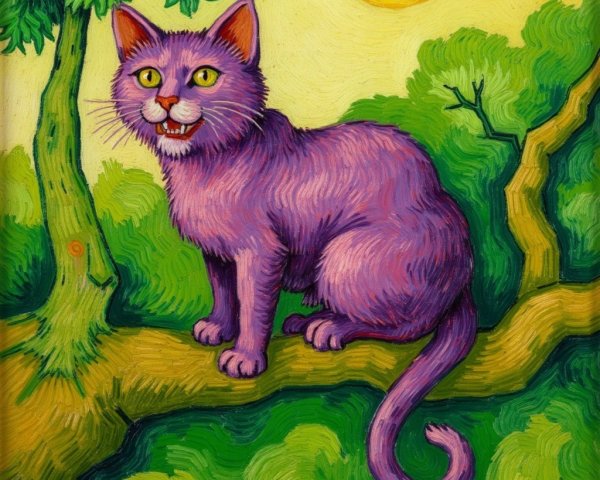 Whimsical Painting of a Purple Cat on a Branch