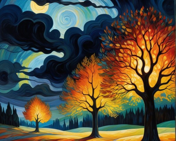 Vibrant Landscape with Luminous Trees and Night Sky