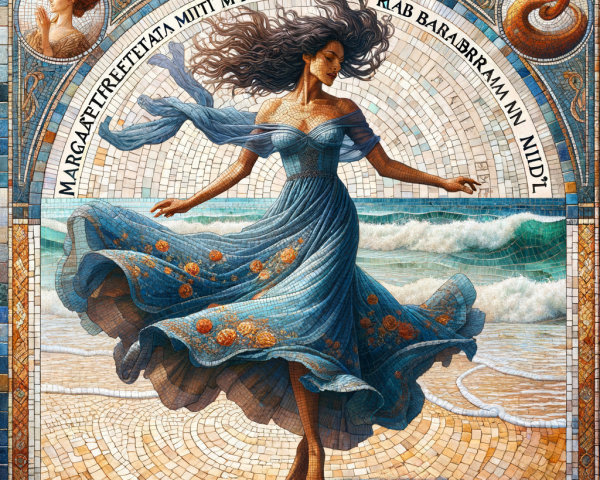 Mosaic Artwork of a Dancing Woman on the Beach
