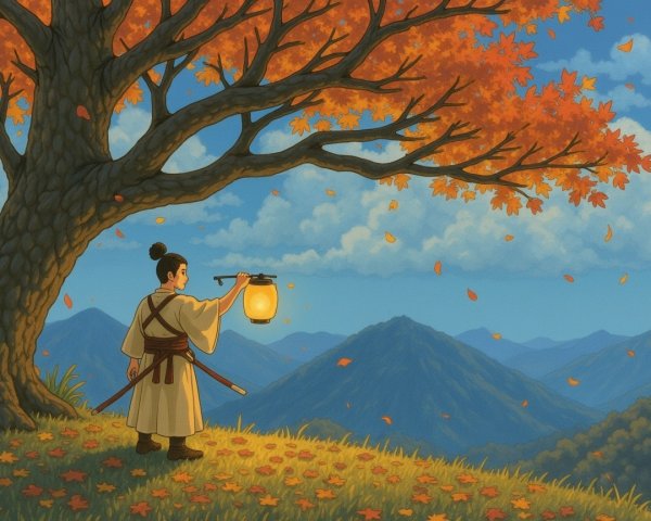 Serene landscape with a figure and a glowing lantern