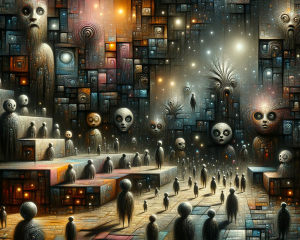 Surreal Landscape with Abstract Figures and Patterns