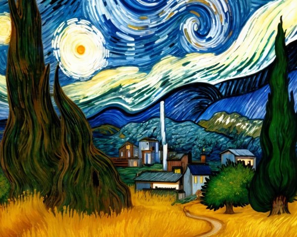 Vibrant Night Sky with Winding Path and Village Scene