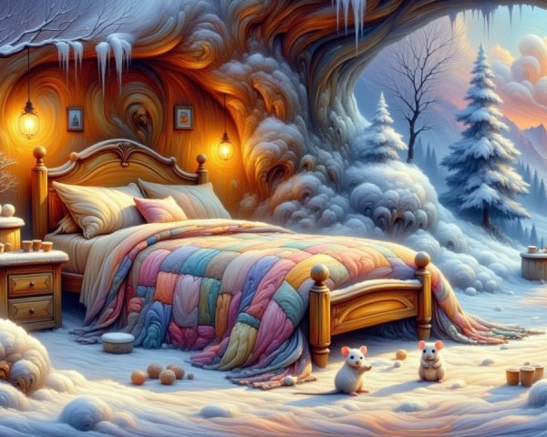 Cozy Winter Cave Scene with Quilt and Mice